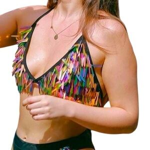 NWT IHeartRaves Iridescent Sequin Bikini Halter Top XS Rave Music Festival Party